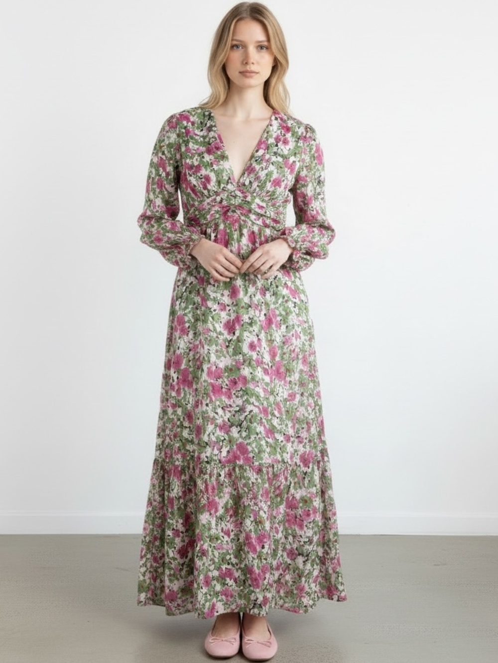 Floral V-Neck Long Sleeve Maxi Dress in Pink & Green ~ size Large